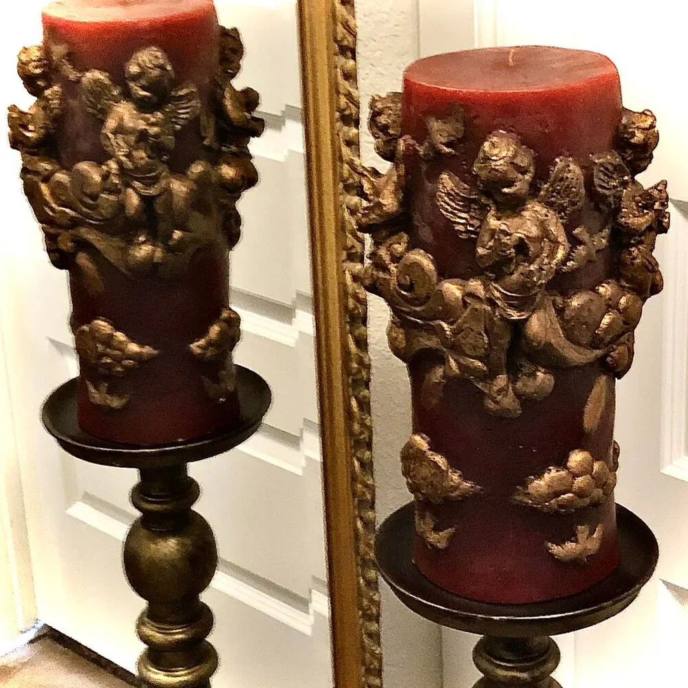 MAC Sculpture California XLG Sculpted Cherub Angel Pillar Candle Burg Gold 15x9